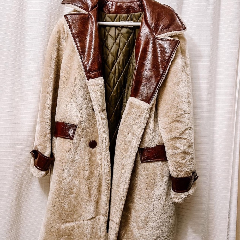 vintage 1970's FingerHut Fashions fleece coat with faux leather accents
